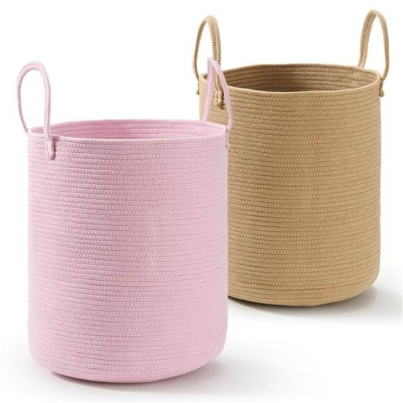 2 pack cotton rope laundry baskets tall woven storage bins pink beige nursery ha - Picture 1 of 7